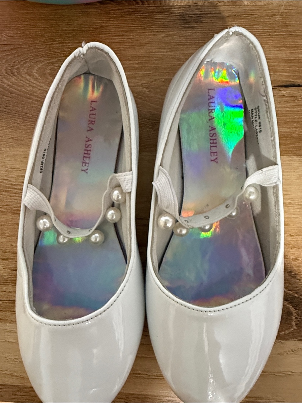 Laura Ashley White Patent Mary Jane Flats with Pearl Accents